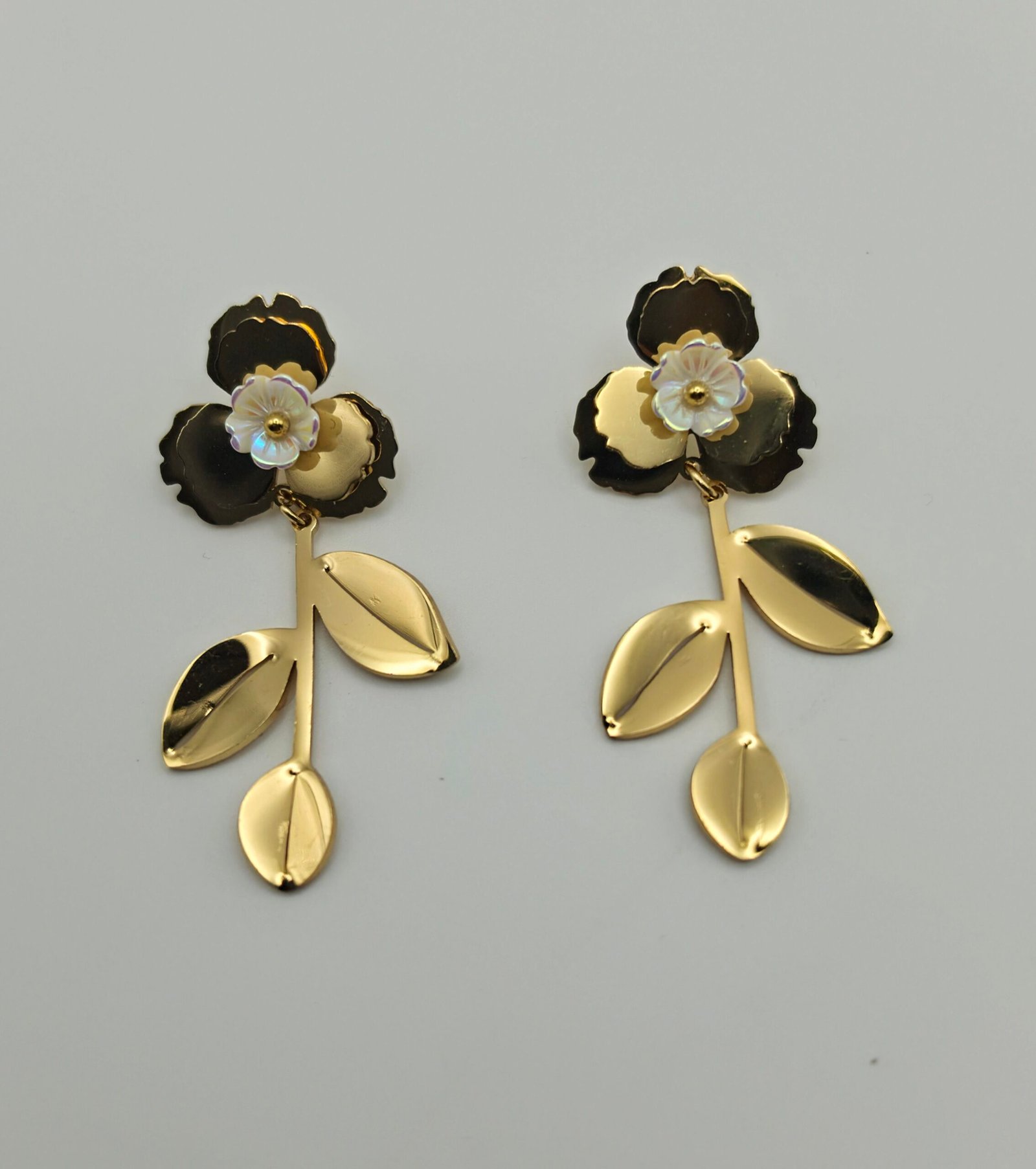 Modern Leaf and Flower Gold Earrings - Image 2