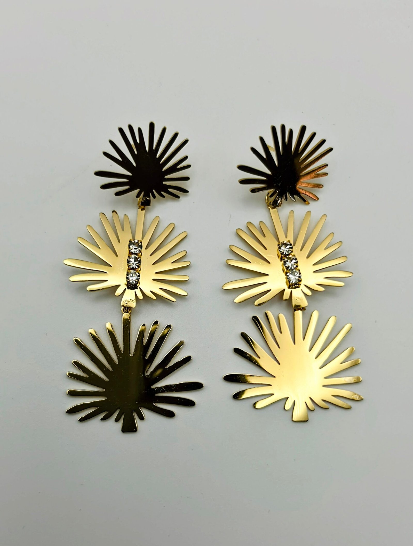 Gold Tiered Leaf Statement Earrings With Rhinestones - Image 2