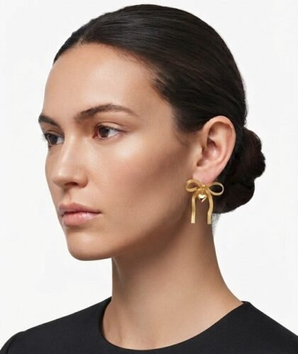 Gold Ribbon Earrings With Dainty Heart Charm