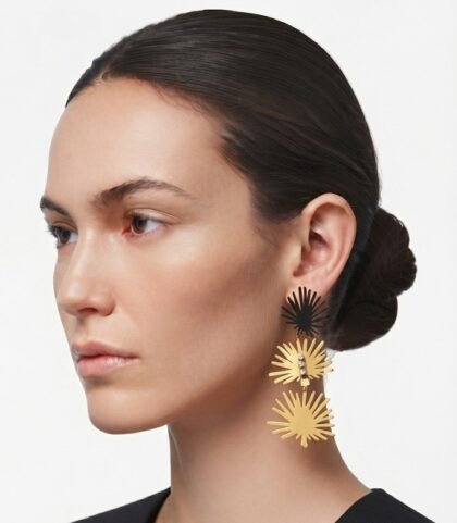 Gold Tiered Leaf Statement Earrings With Rhinestones