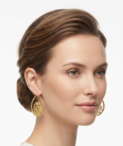 Elegant Gold Circle Hoop Earrings With Nature Inspired Cut Out Design