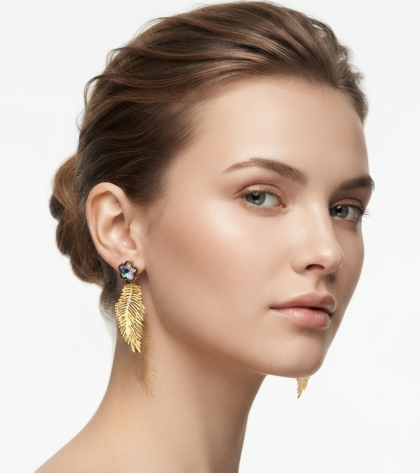 Gold Feather Earrings With Crystal Flower