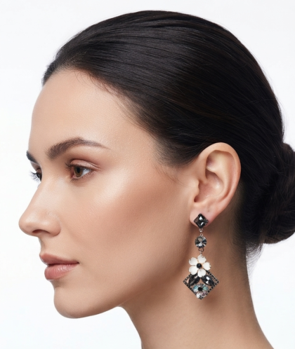 ​Elegant Rose Gold & White Flower Dangle Earrings with Black & Iridescent Crystals