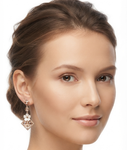 Elegant Rose Gold & White Flower Dangle Earrings Iridescent Crystals