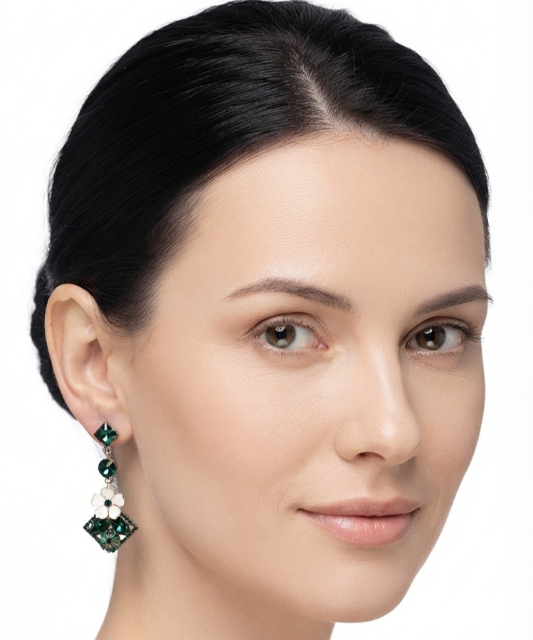 Elegant Rose Gold & Emerald Green Crystal Floral Dangle Earrings