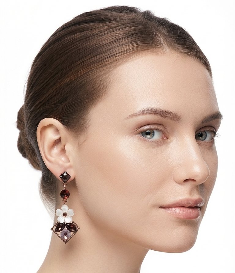 Elegant Rose Gold & Brown Crystal Floral Dangle Earrings