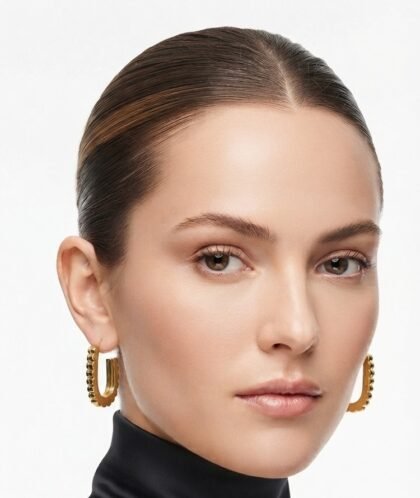 Modern Textured Rectangle Hoop Gold Tone Earrings