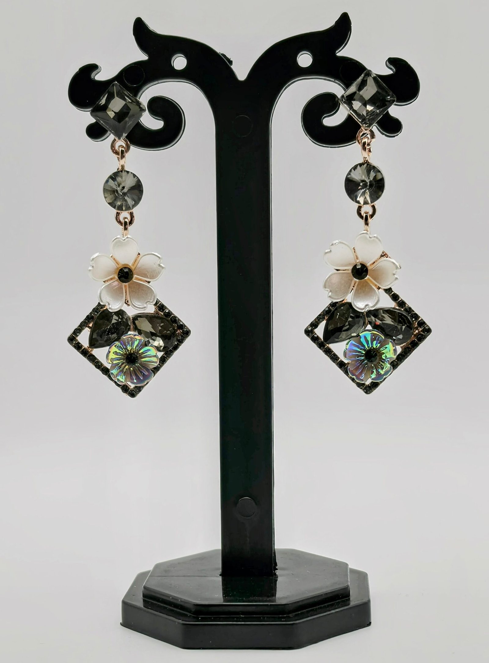 Elegant Rose Gold & White Flower Dangle Earrings with Black & Iridescent Crystals - Image 2