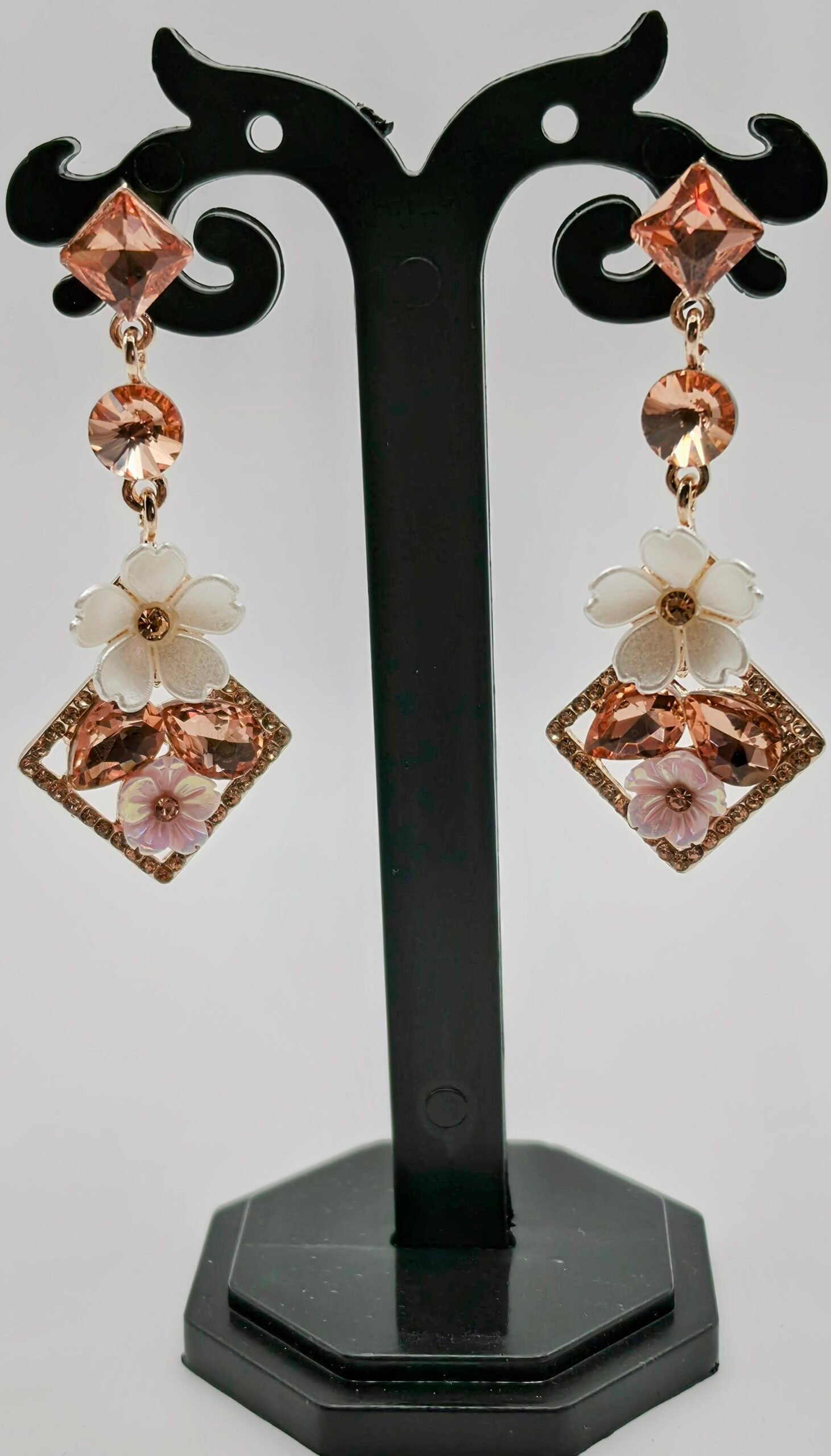 Elegant Rose Gold & White Flower Dangle Earrings Iridescent Crystals - Image 2