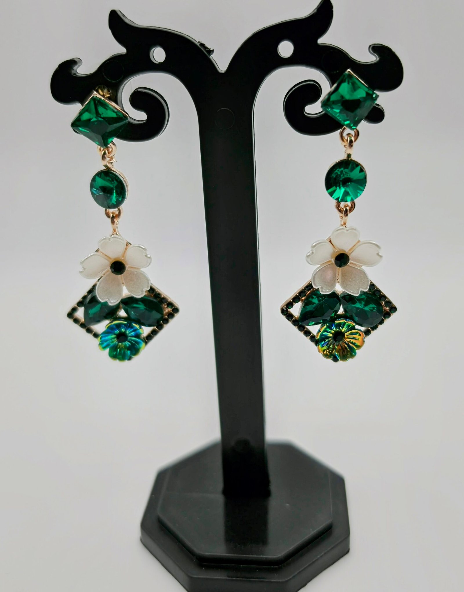 Elegant Rose Gold & Emerald Green Crystal Floral Dangle Earrings - Image 2