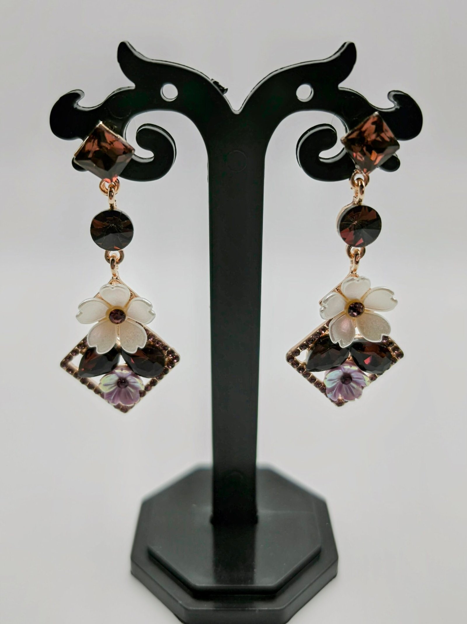 Elegant Rose Gold & Brown Crystal Floral Dangle Earrings - Image 2