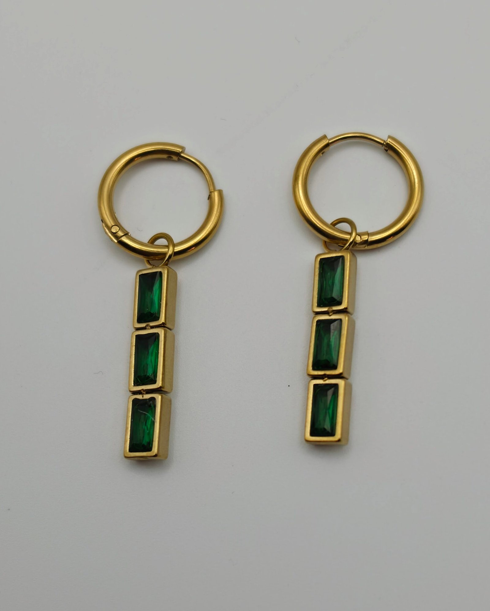 Gold Tone Emerald Crystal Drop Hoop Earrings - Image 2