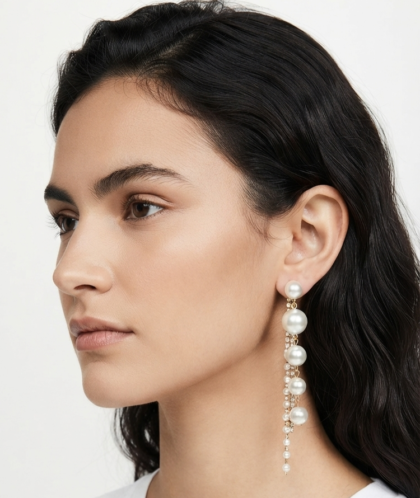 White and Gold Long Pearl and Crystal Chain Earrings