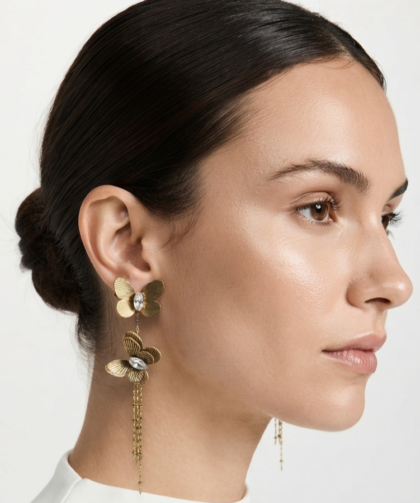 Gold Toned Butterfly Tassel Crystal Earrings