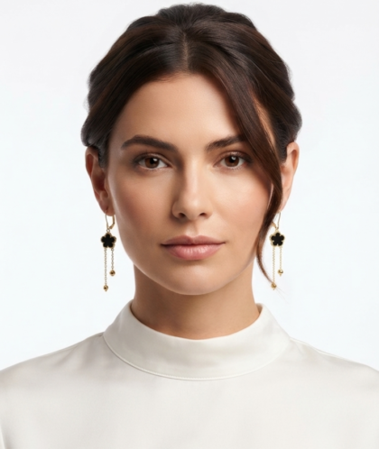Elegant Stainless Steel Black Clover Flower Dangle Earrings
